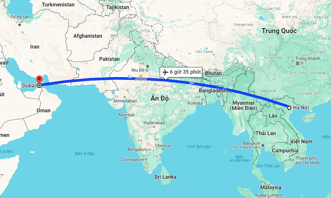 Thời gian bay từ Hà Nội sang Dubai ước tính khoảng 6 giờ 35 phút